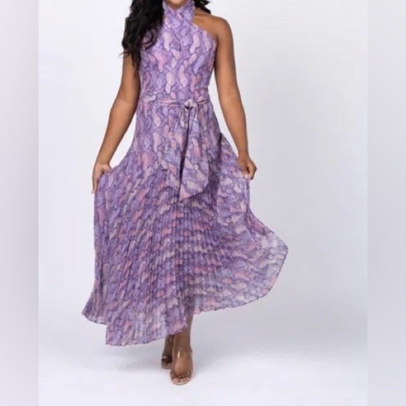 SHOSHANNA Roya Dress 10 Lavender Purple Snake Print Midi Pleated Chiffon Wedding - Picture 9 of 10